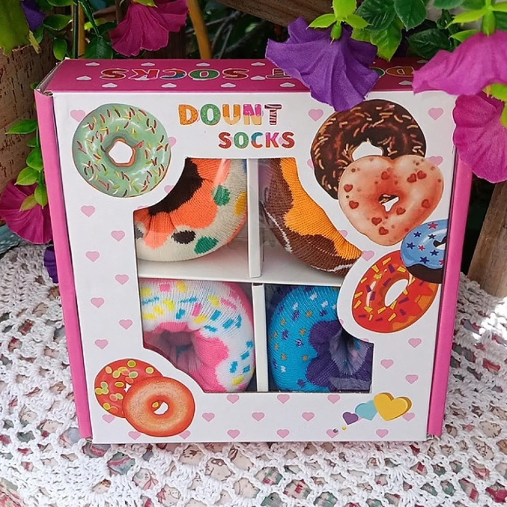 🆕️LAST BOX🍩DONUT NOVELTY COLORFUL UNIQUE SOCKS/ SET OF 4 IN BAKERY BOX